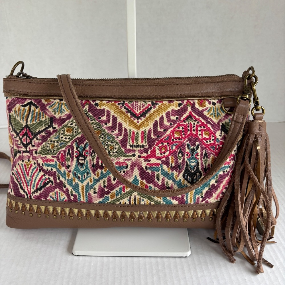 Sakroots Brown Leather Tapestry Crossbody Bag Boho Tassel Studded Berry‎ Brave